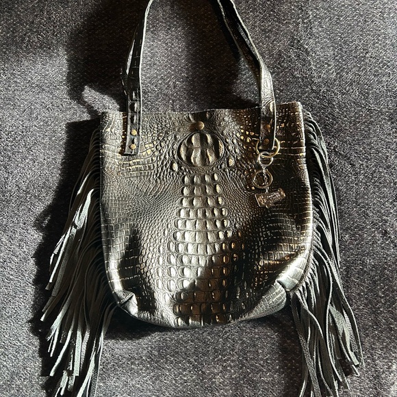 Dancing Cactus Designs Handbags - Fringed Black Crocodile-Embossed Tote Bag with Silver toned accents
